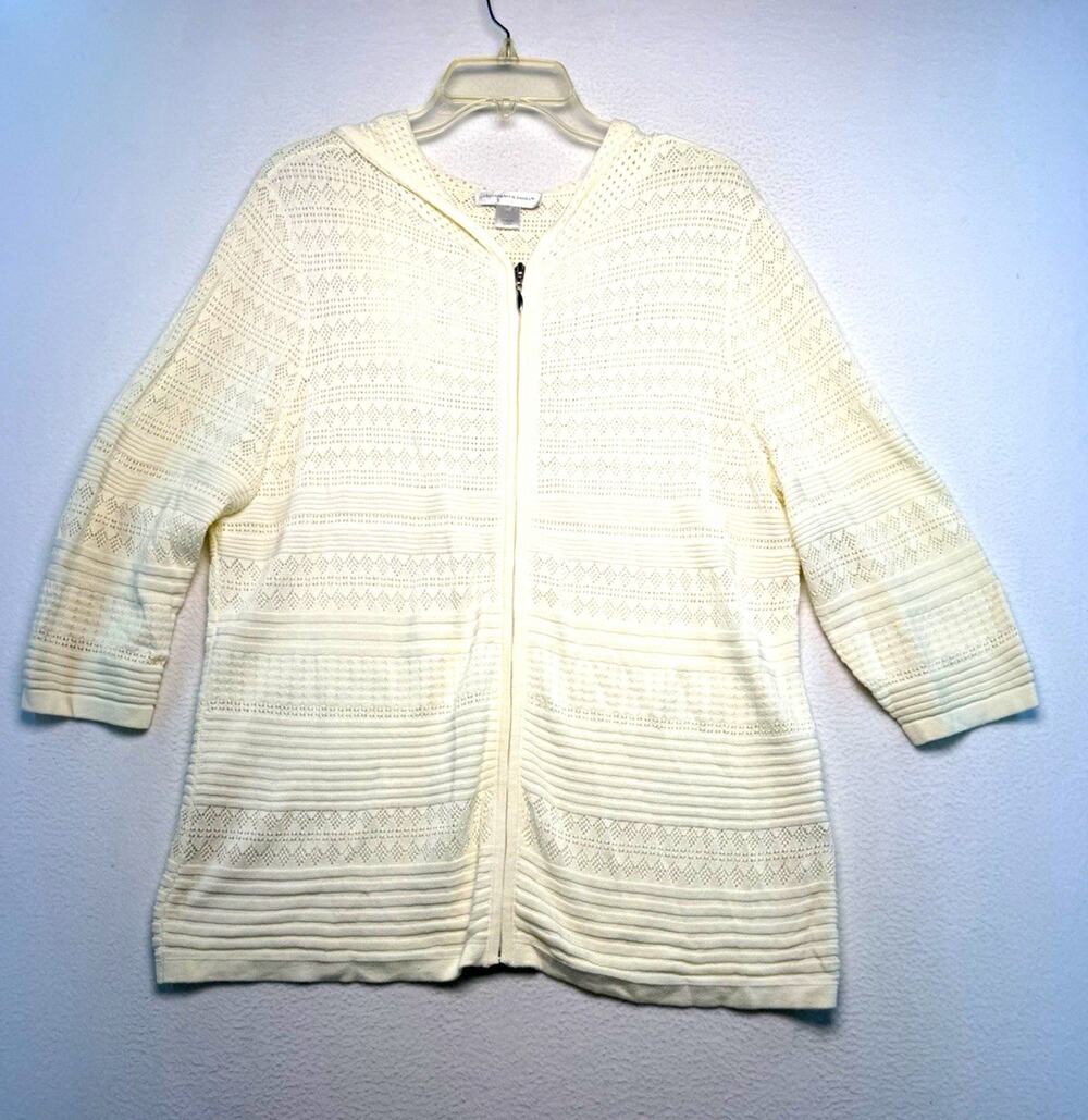 Christopher & Banks Women XL Ivory Hooded Full Zip 3/4 Sleeve sweater cozy fall